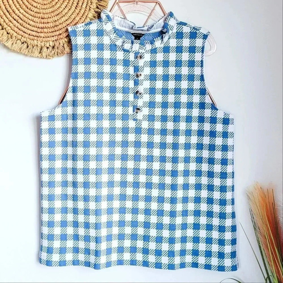 Ann Taylor, New, Blue & White Plaid Ruffle Neck Button Shell Knit Top Size XL - Picture 2 of 11